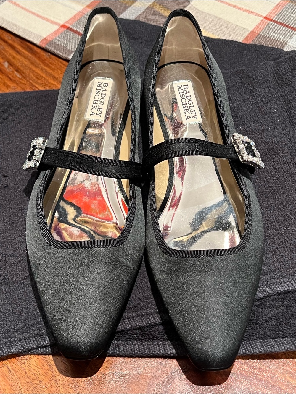 Badgley Mischka Black Satin Mary Jane Flats with Crystal Buckles